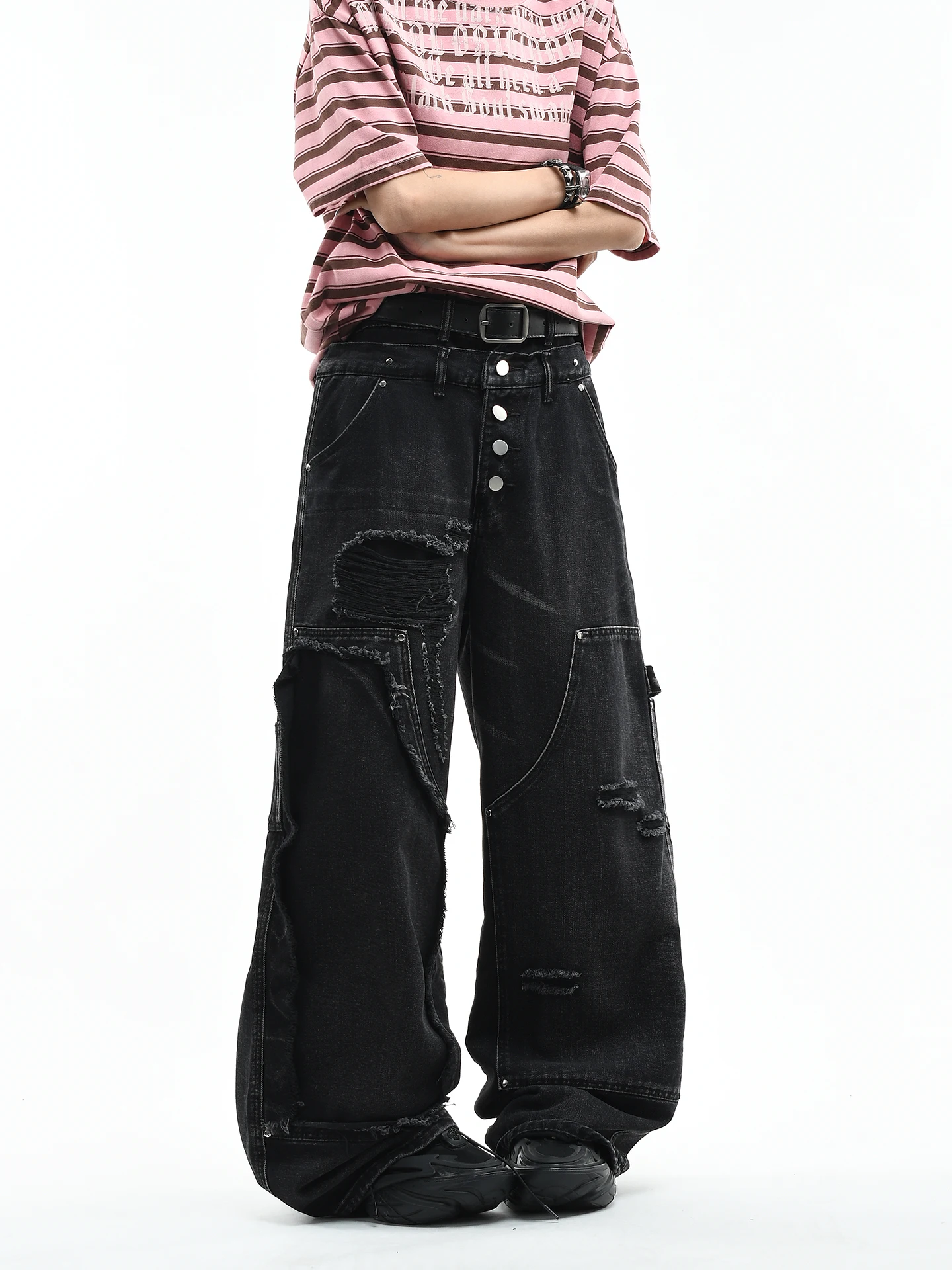 

OV Original American Washed Loose Wide Leg Men's Jeans Double Waist Break Hole Water Washed Long Trousers Trendy Cotton Denim