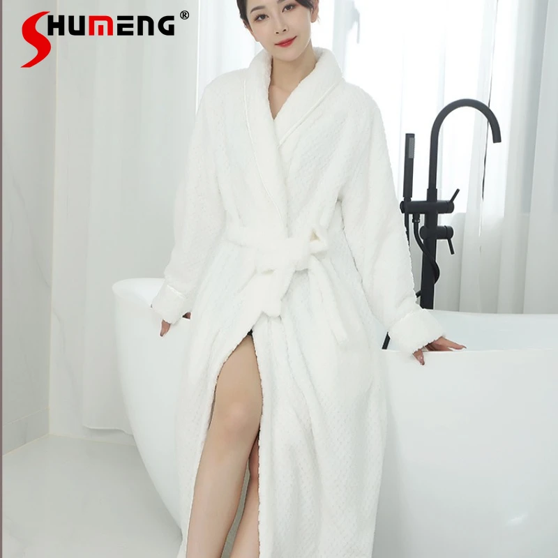 

Осенне-зимний женский теплый халат, двусторонняя флисовая подкладка, флисовая пижама, женский удлиненный халат в японском стиле