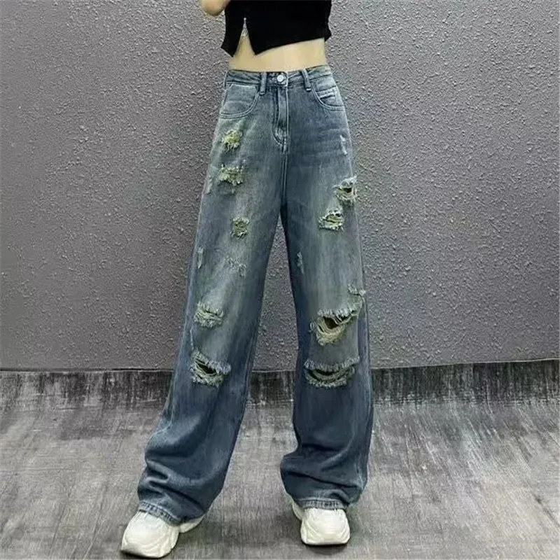 Women Blue Ripped Jeans Harajuku Y2k Aesthetic Baggy Denim Trousers Japanese 2000s Style Punk Jean Pants Vintage Hole Pantalones