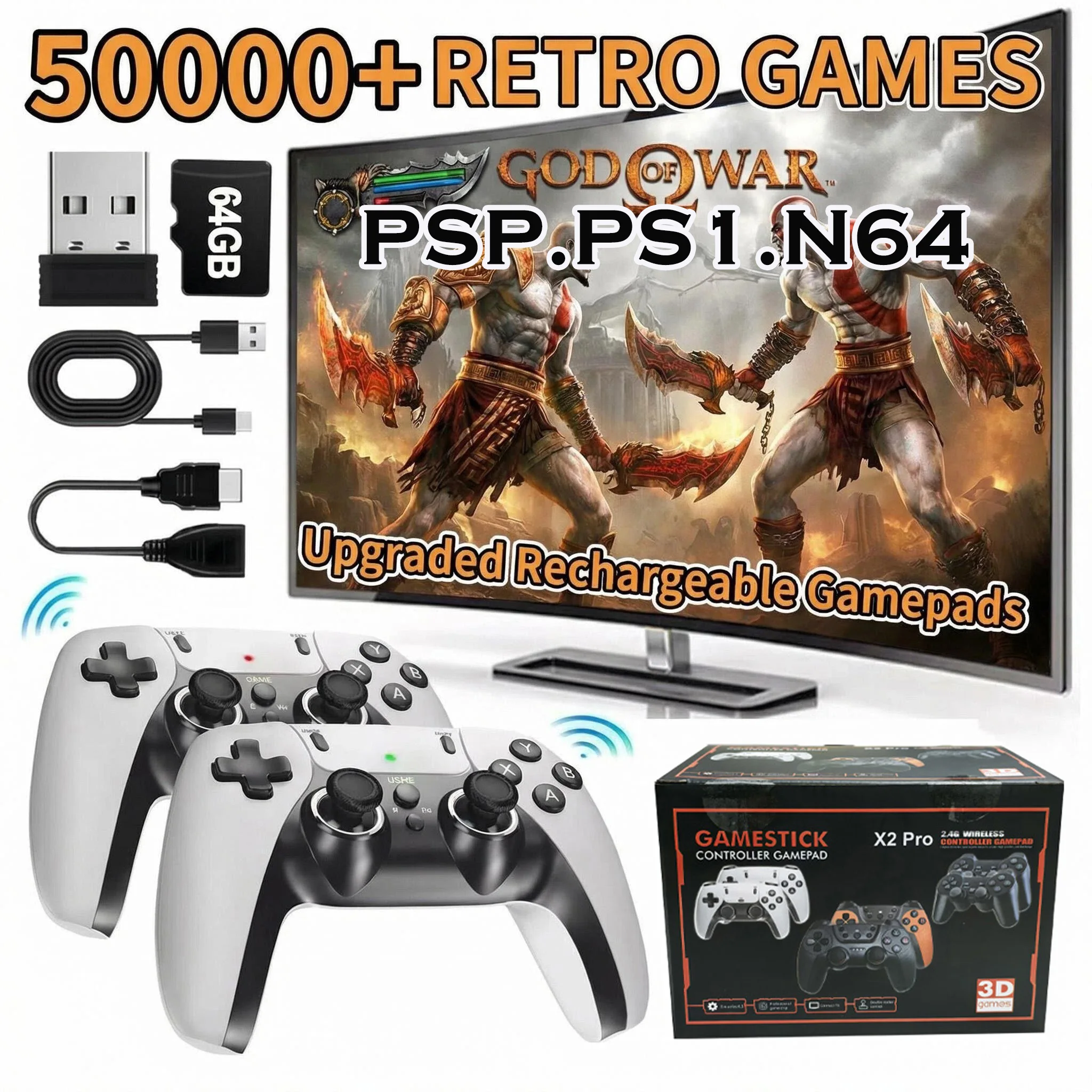 Consola de juegos retro X2PRO 4K Ultra HD, sistema de juegos arcade 3D, mando inalámbrico recargable, 2 jugadores, consola de juegos para TV doméstica compatible con HDMI, PSP, PS1, N64