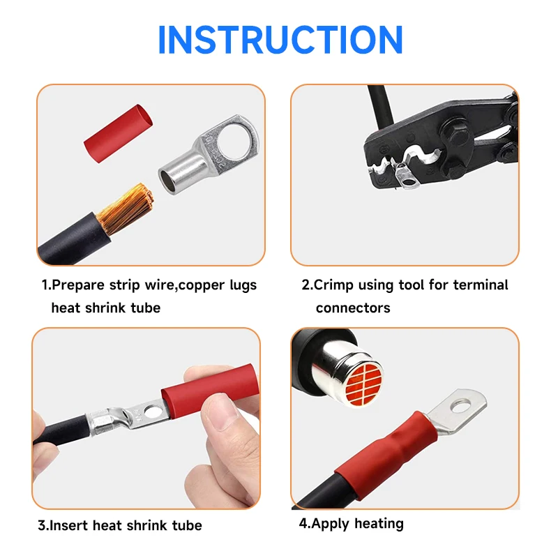 10Pcs S50-8/10/12 Tinned Copper Cable Lugs Heavy Duty Wire Ends Battery Ring Crimp Terminals Connectors With Heat Shrink Tubing