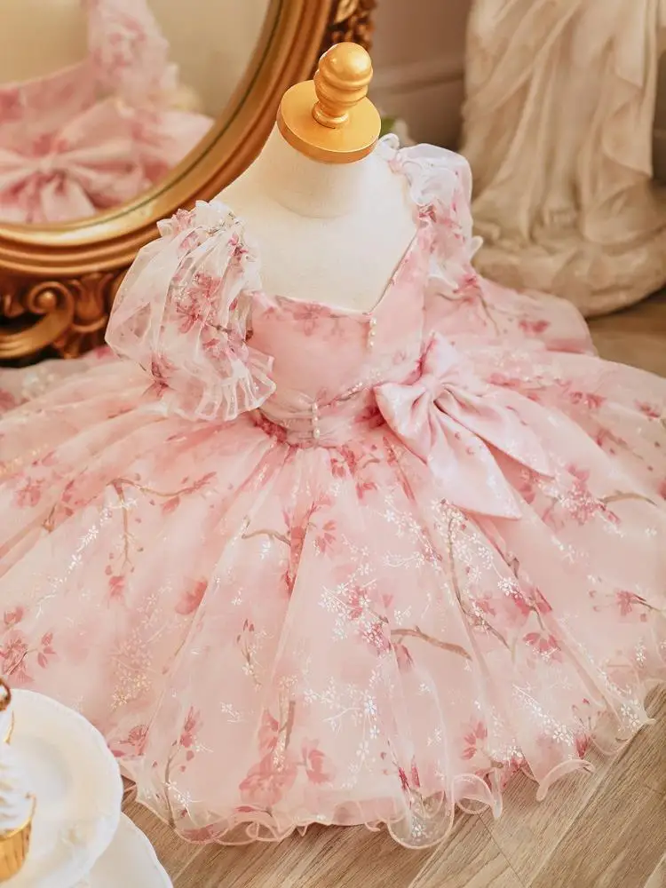 Robe de Princesse Personnalisée à Col Carré et Manches Bouffantes pour ixd'Anniversaire, Tenue de Bal à Plusieurs Niveaux avec Nministériels d Imprimé Floral pour Enfant