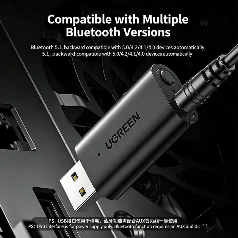 UGREEN Bluetooth 5.1 Audio Transceiver USB2.0 Male to 3.5mm Female 2-in-1 Adapter with 1M AUX Cable for Car TV PC