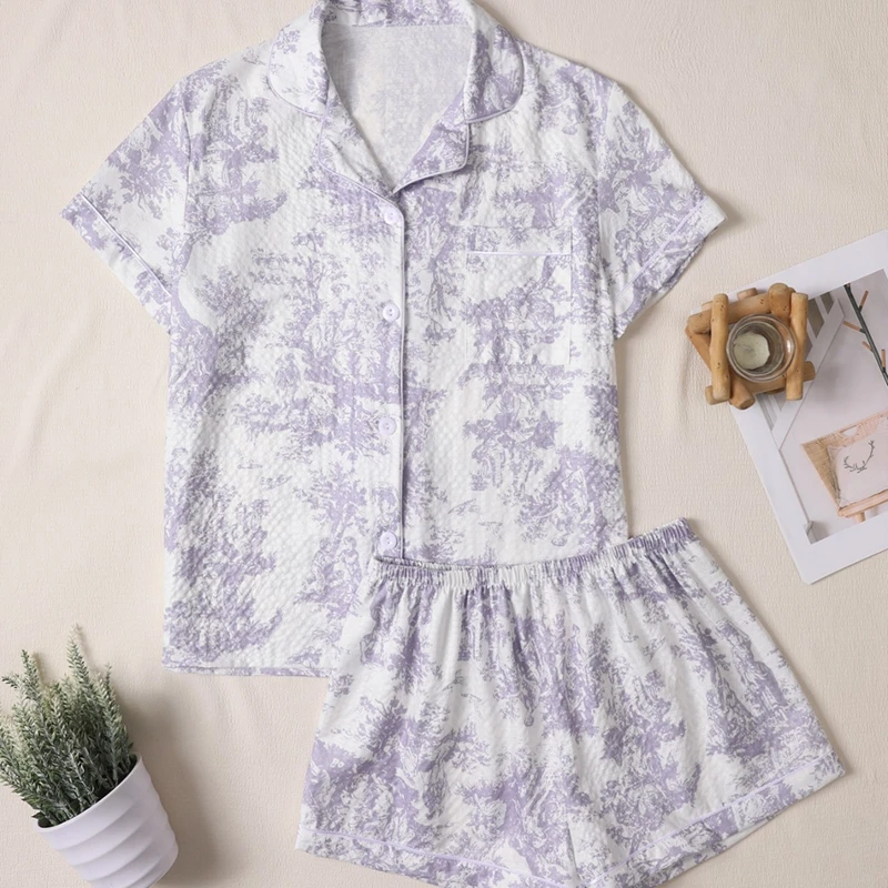 Women's Casual Floral Print Pajama Set Short Sleeve Lapel Top And Soft Elastic Shorts Comfortable Perfect For Summer Sleepwear