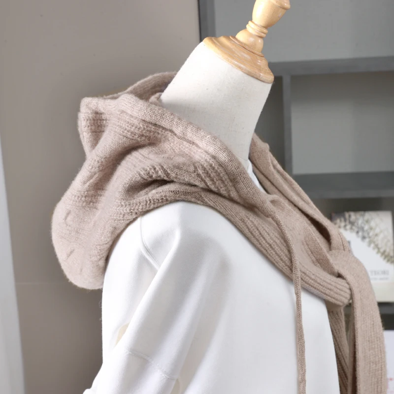 Autumn And Winter Hat Scarf Integrated Scarf 100% Merino Wool Knitted Scarf Casual Thick Warm Scarf Hat Fashion Korean Version.