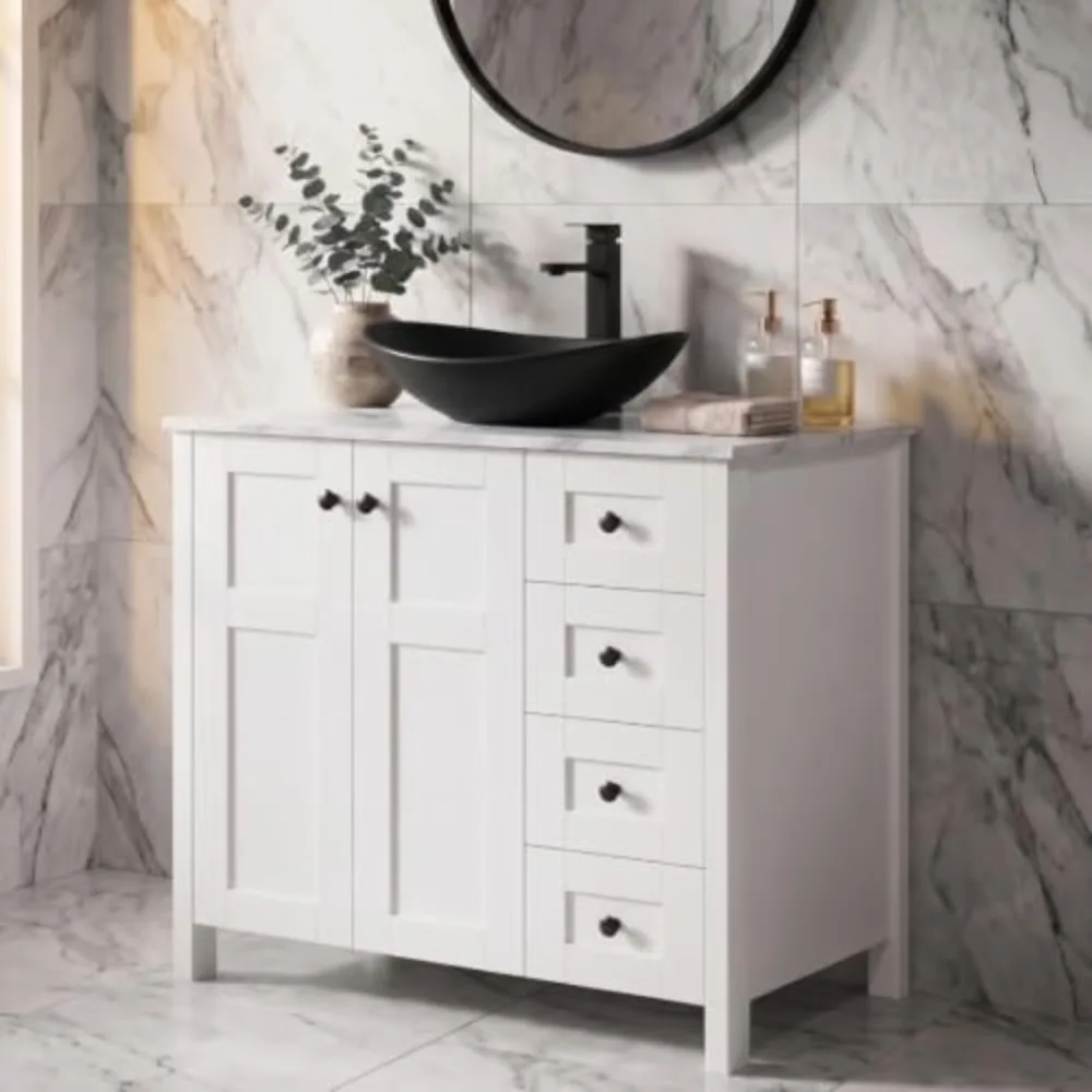 32 Inches White Bathroom Vanity with Marble Texture Top and 4 Drawers, Modern Standing Pedestal Cabinet with Black Boat
