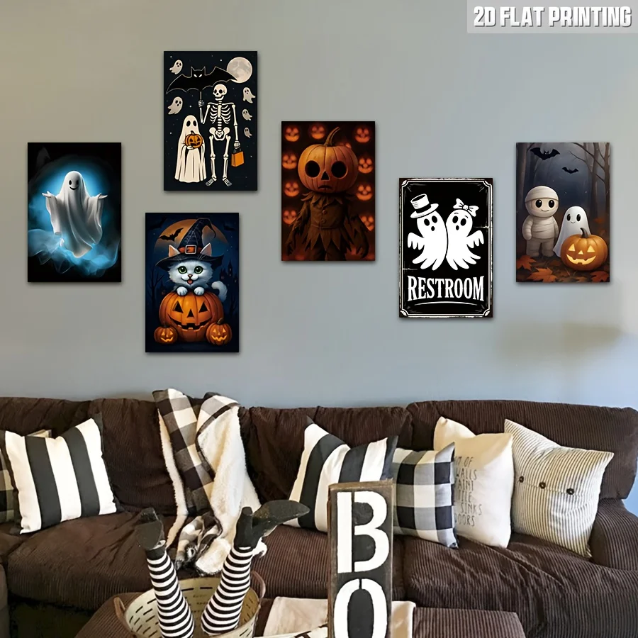 

2D Flat, 6 шт. 8x12 дюймов металлические жестяные таблички на Хэллоуин, прочные 2D-печатные украшения для комнаты на Хэллоуин, жуткое настенное искусство для повышения