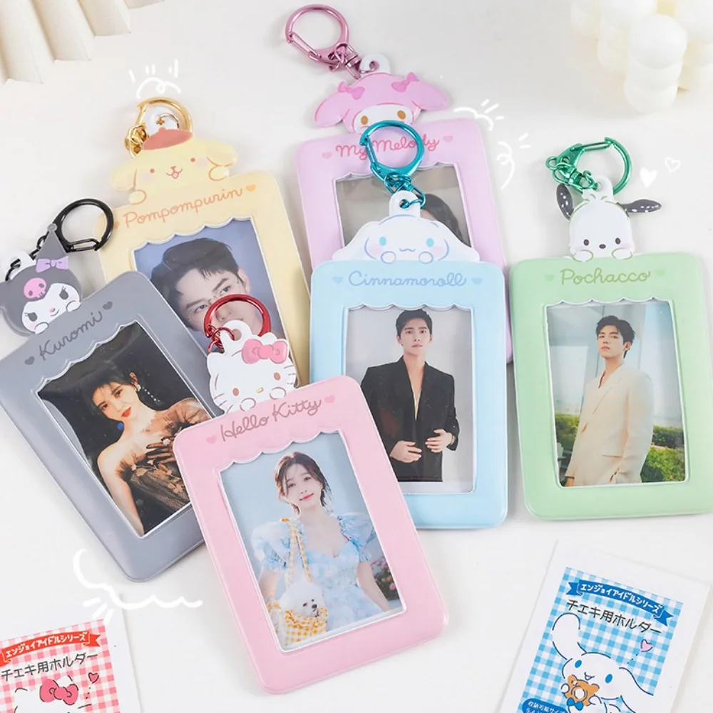

Anime Sanrio Hello Kitty Melody Card Holder KeyChain Cute Cinnamoroll Kuromi Bus Card Id Cards Protector Keyring Gift For Girls