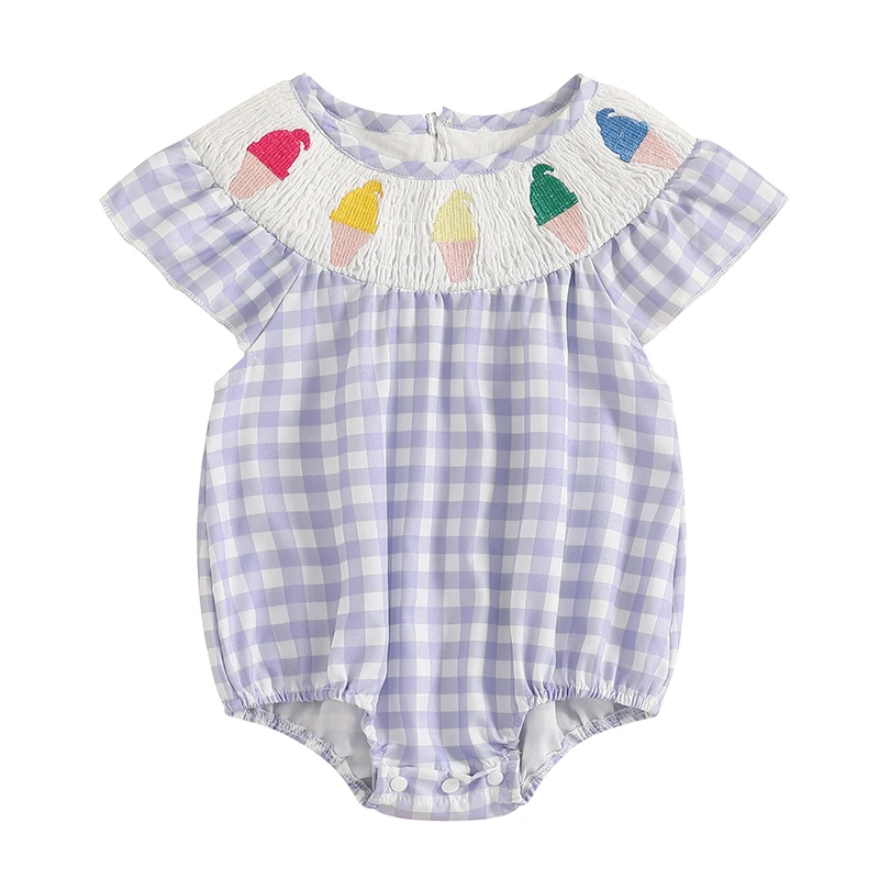 

Комбинезон с пузырьками для новорожденных девочек, комбинезон с рюшами на рукавах, мороженое, вышивкой, клетчатый/полосатый боди, милая летняя одежда