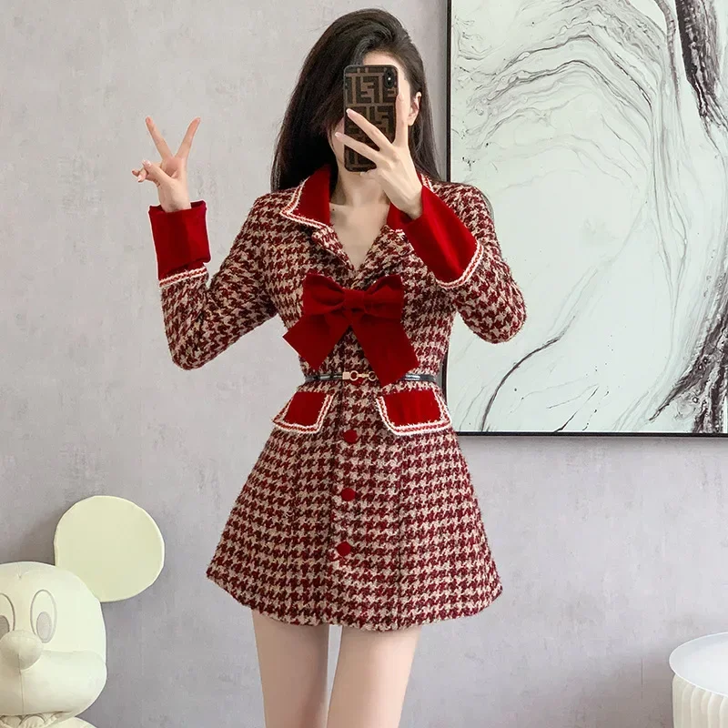 

Red Tweed Style Woolen Overcoat Dress Medium-Length Jacket For Women 2023 Autumn/Winter New Arrival Clothing 2025 Spring