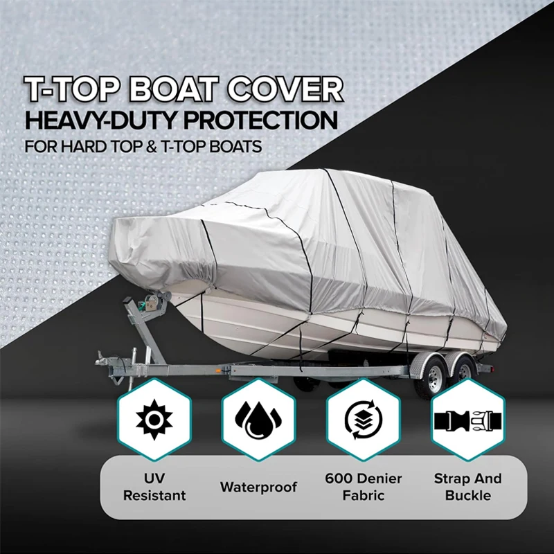 Heavy-Duty Waterproof Polyester T-Top Boat Cover UV Protection Fit For 20-22ft Hard Top T-Top Boats Gray