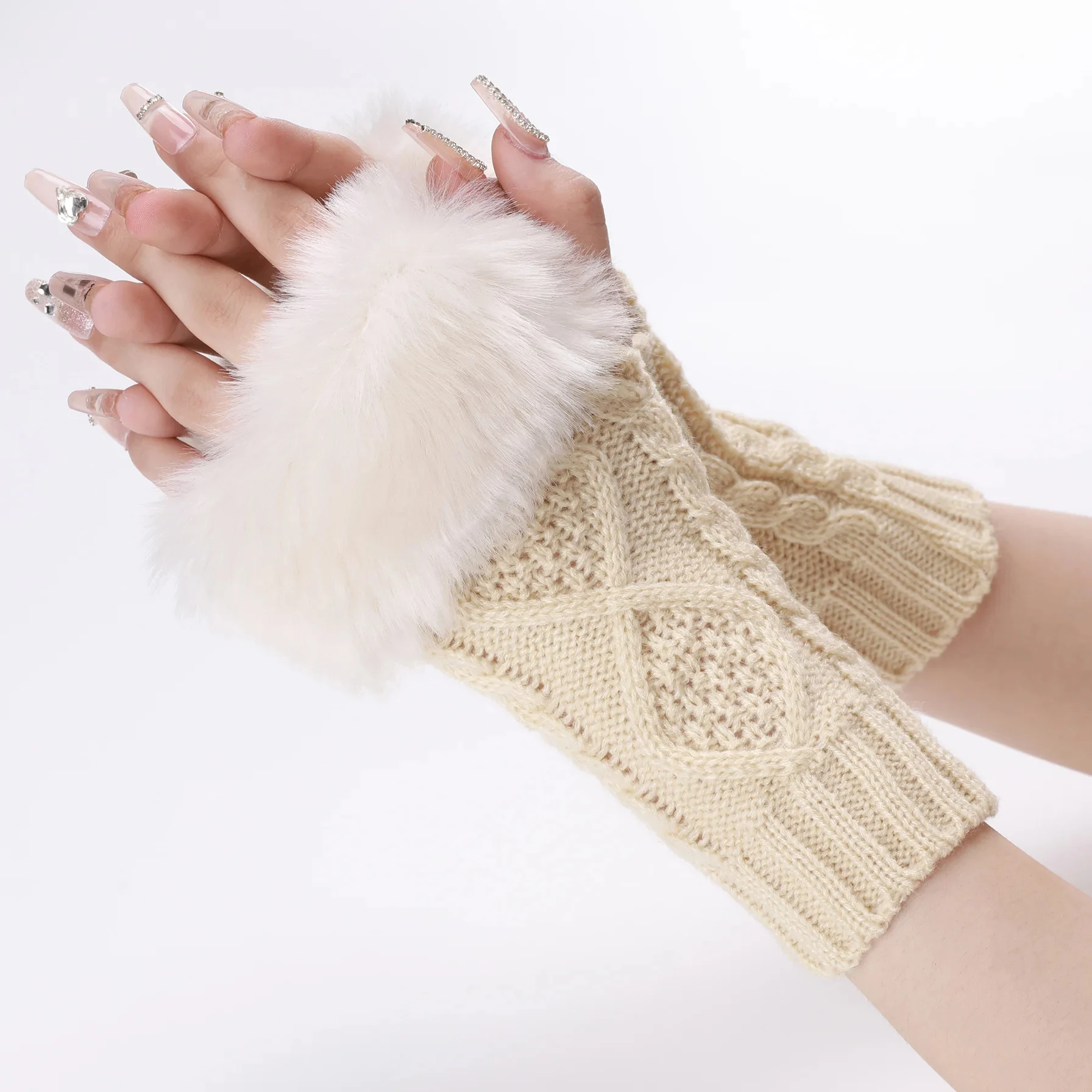 Winter Arm Warmers Knitted Fingerless Gloves Arm Sleeve for Women Girls Thick Warm Mittens Half-Finger Lolita Furry Arm Cover