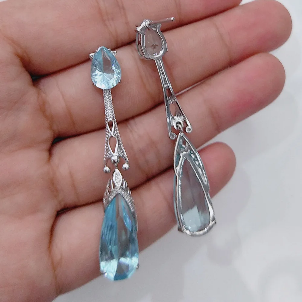 Simple Dazzling Water Drop Mosaic CZ Female Earrings 925 Silver Needle Blue/pink Crystal Zircon Wedding Earrings For Women