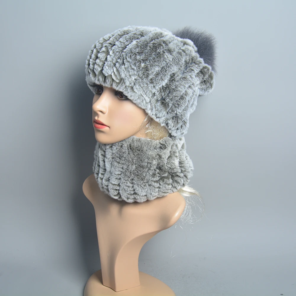 Women Knit Real Rex Rabbit Fur Hat Scarf Sets Natural Warm Rex Rabbit Fur Scarves Hat Winter Lady Real Rex Rabbit Fur Hat Scarf