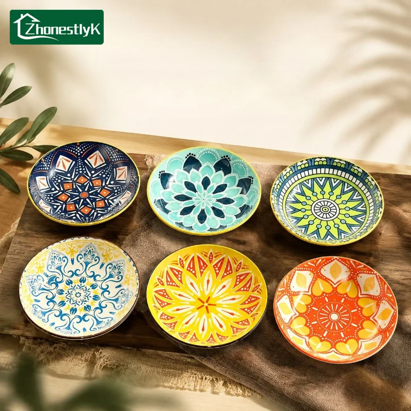 5.75Inch Boho Style Ceramic Dish, 6 Counts/set Colorful Geometric Pattern Sauce Dishes, Decorative Plate for Home Kitchen Party