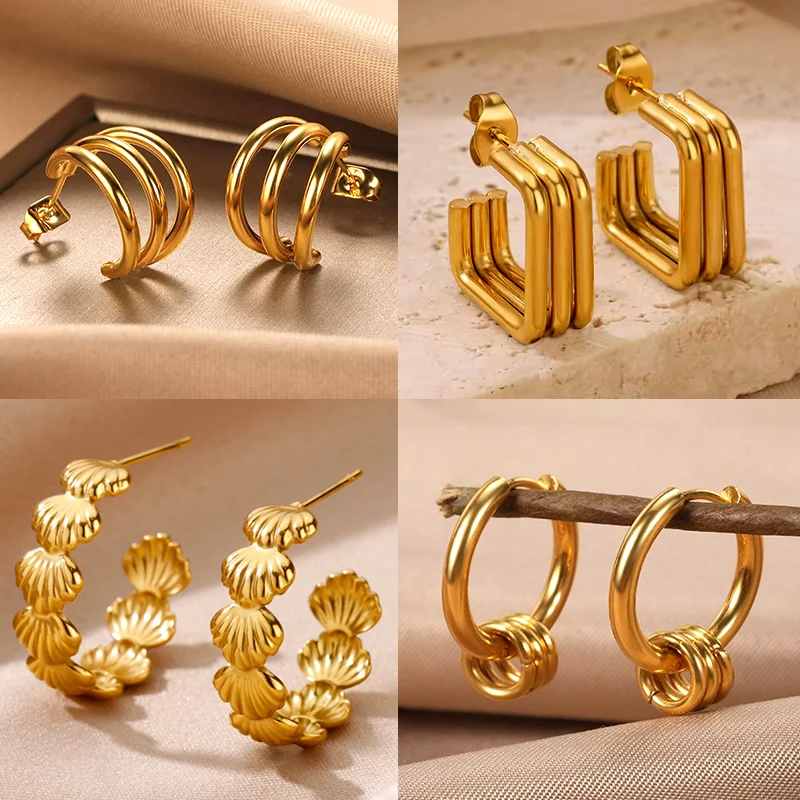 Stainless Steel Earrings for Women Gold Color Geometric C Shape Claw Shell Earrings Fashion Wedding Waterproof Jewelry