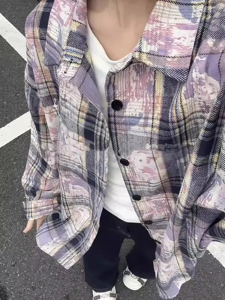 

Men's Long Sve Plaid irt Tie Dye American Retro Sle Spring Autumn Trendy Outerwear Loose Fit Youthful Faion