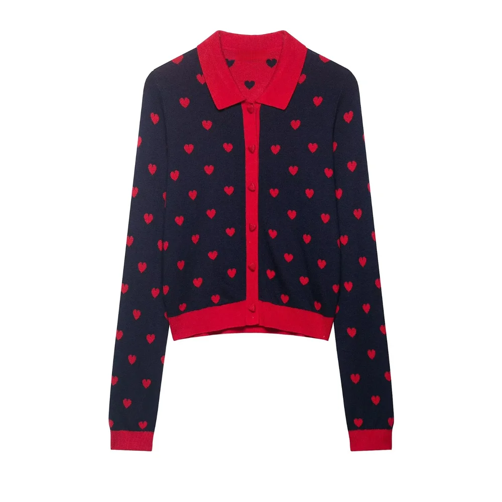 

Новая женская модная универсальная вязаная куртка 2026 года в стиле lazy style с отложным воротником, длинными рукавами, однобортная, с жаккардовым узором в форме сердца