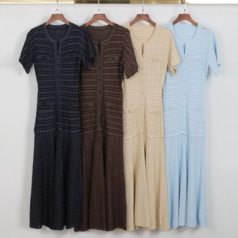 High-Quality Summer New Style Slimming Short-Sleeve V-Neck Shiny Thread Dress Elegant Mid-Waist Knitted Bodycon Gown for Ladies