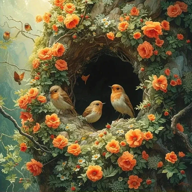 Robin Birds And Orange Flowers Tree Hollow Diy Diamond Painting Home Wall Art Decor