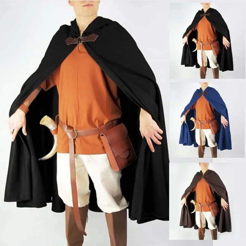 Medieval Cloak Men Renaissance Cosplay Costume Retro Hooded Cape Coat Pirate Viking Halloween Carnival Dress Up Party Gothic