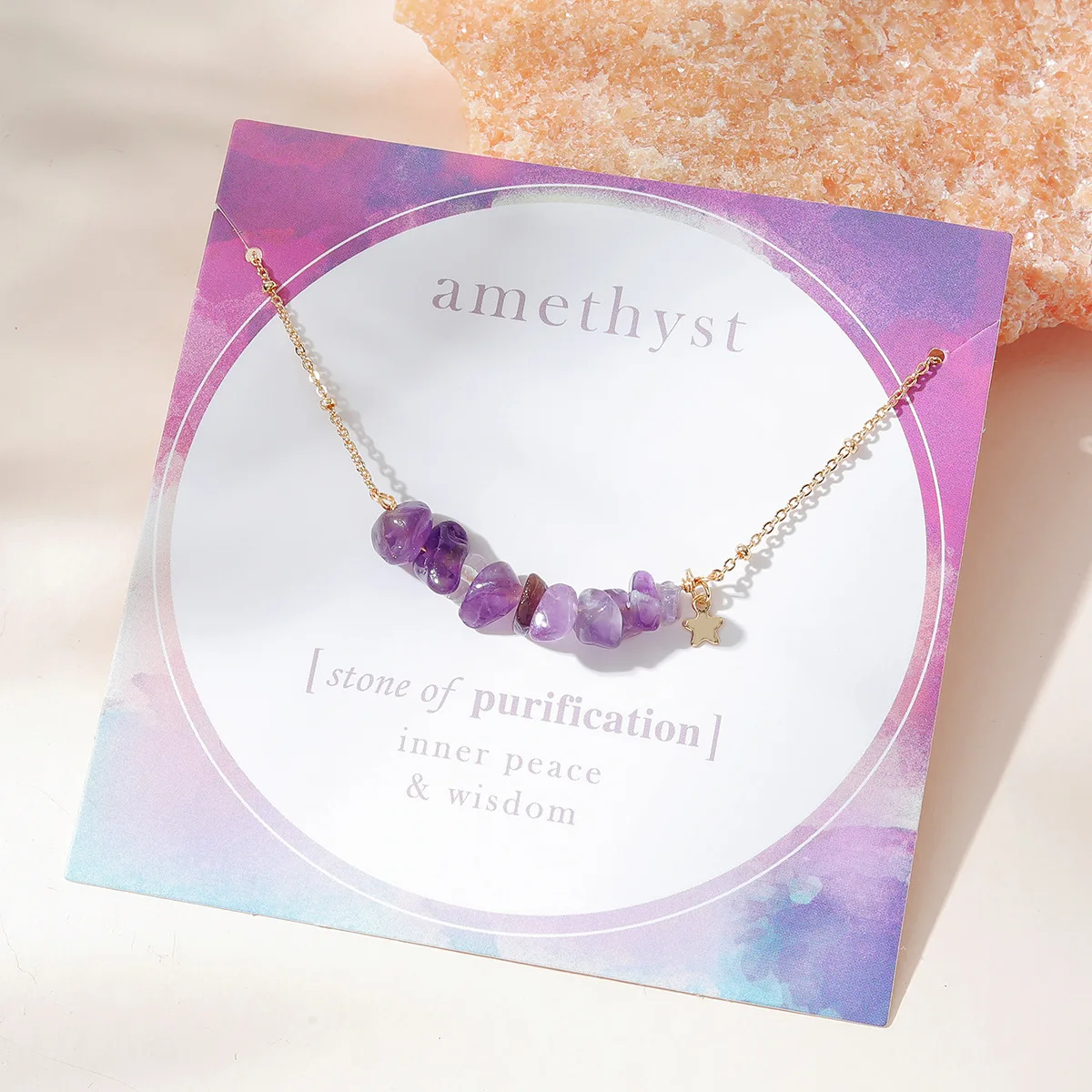 Summer New Natural Purple Stone Necklace With Star Charm Women Short Stainless Steel Necklace 16‘’