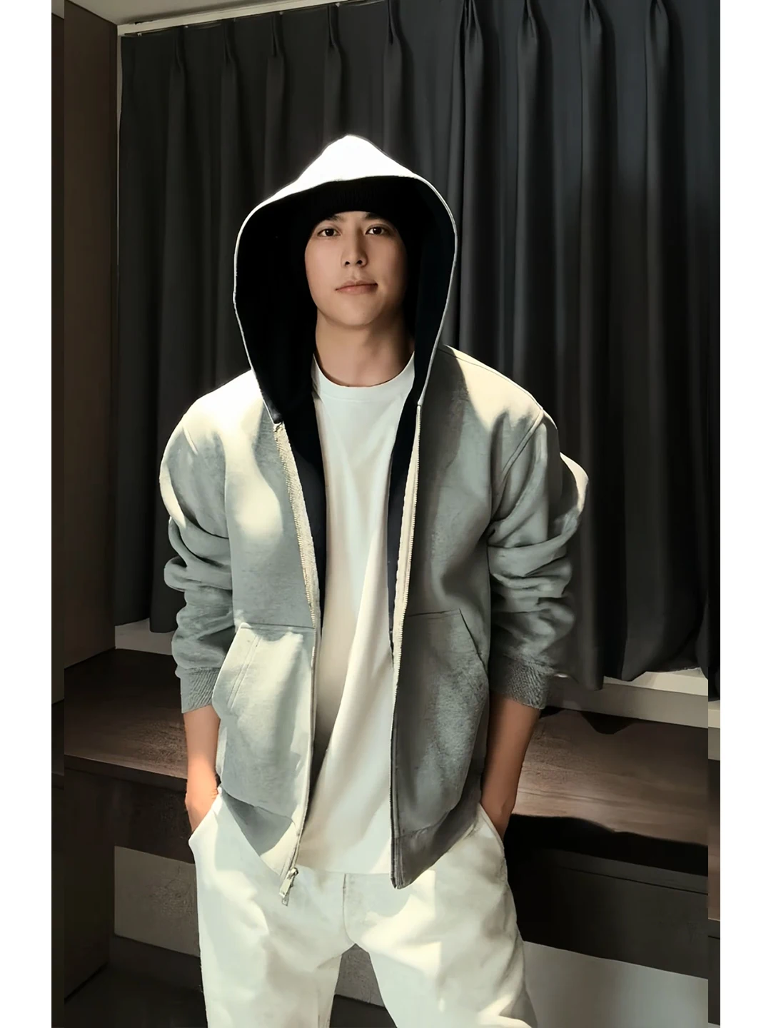 

American Color Blo Open Cardigan Sweatirt Men's Autumn Heavyweight Boxy Sle ort Wide Jaet High-End Feeling Hooded Coat