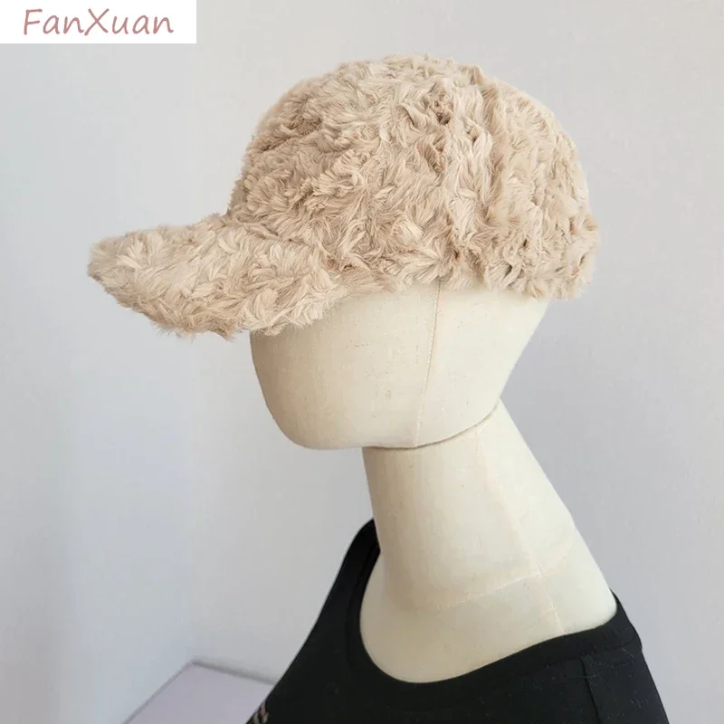 Autumn Winter Baseball Cap for Women Faux Fur Snapback Hats Pink White Beige Plush Fur Hats Women Caps