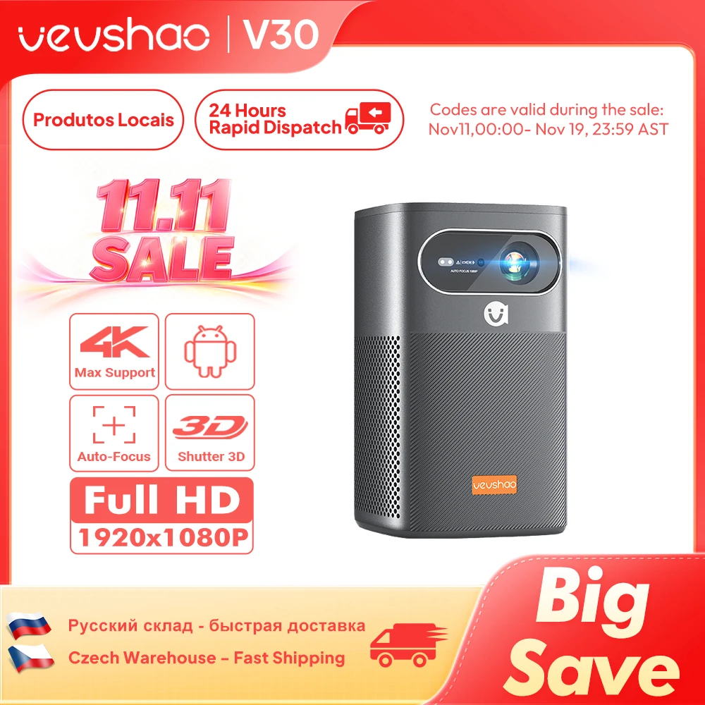 Vevshao V30 3D Projector Cinema Smart 4K Android WiFi Portable 1080P Home Theater Video LED DLP Projector with 15000mAh Battery