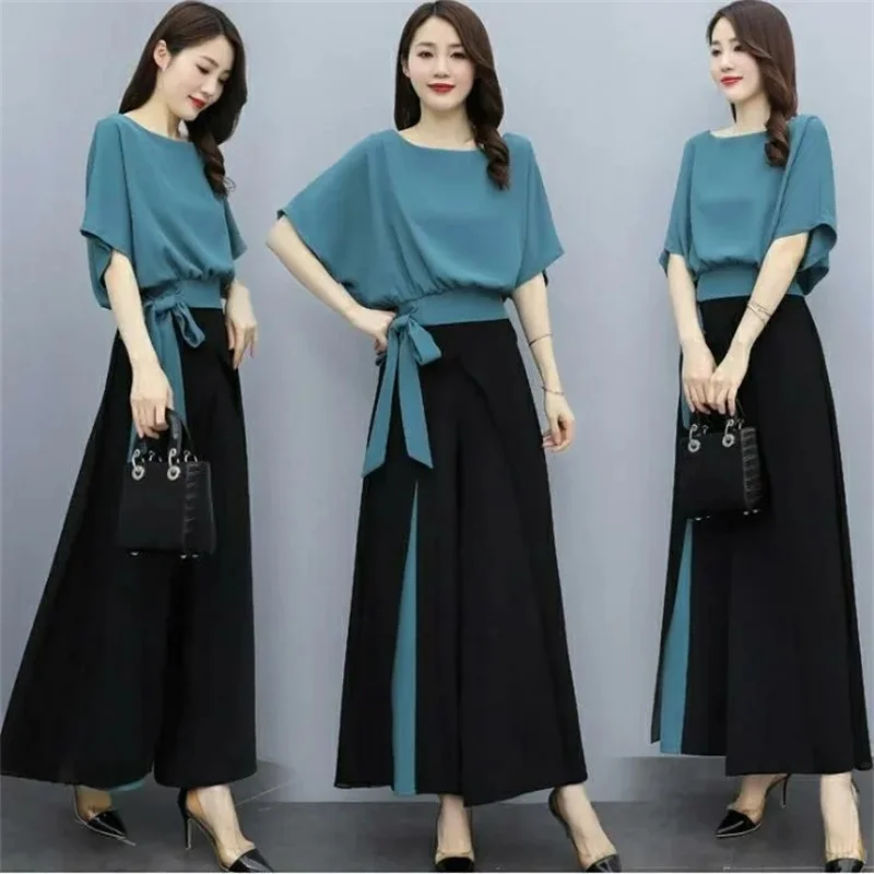 

Fashionable Wide Leg Pants Set for Women in 2024 Summer New Goddess Style Fashionable Drape Slimming Two-piece Set for Commuting