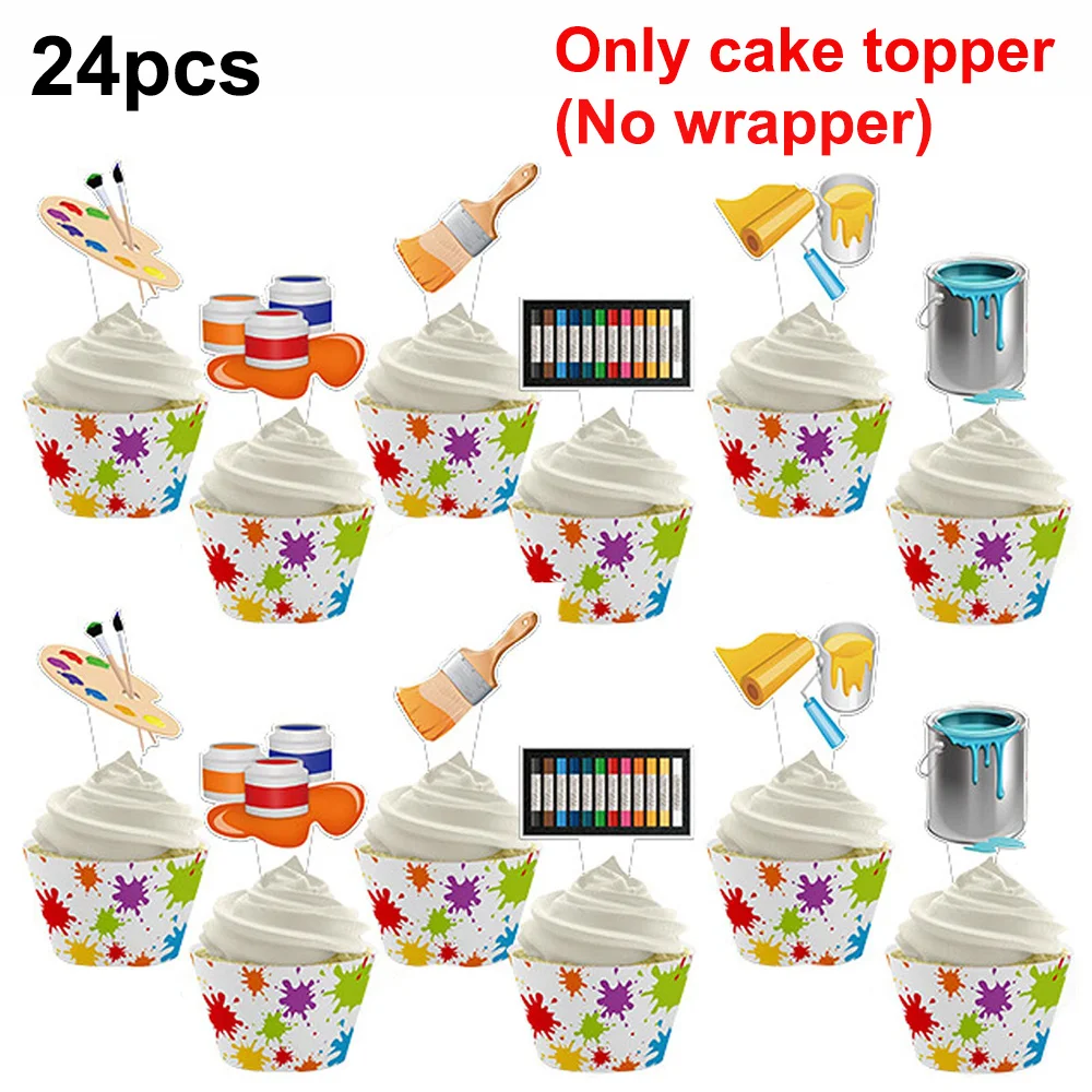 24Pcs Art Birthday Party Decorations Girl Pastel Rainbow Cake Decor Crayon Painting Drawing Artist Themed Spplies