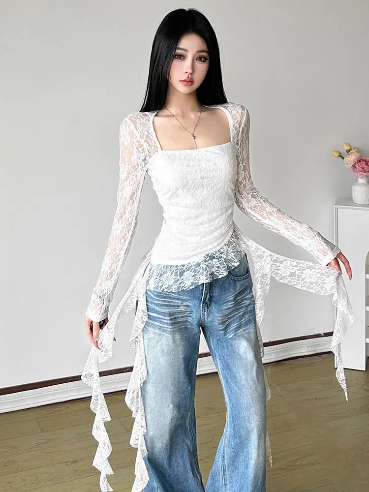Spicy Style See-through Lace Spliced Square Collar T-shirt for Women with Flowing Straps, Slim-fitting Irregular Ruffle Edge Top
