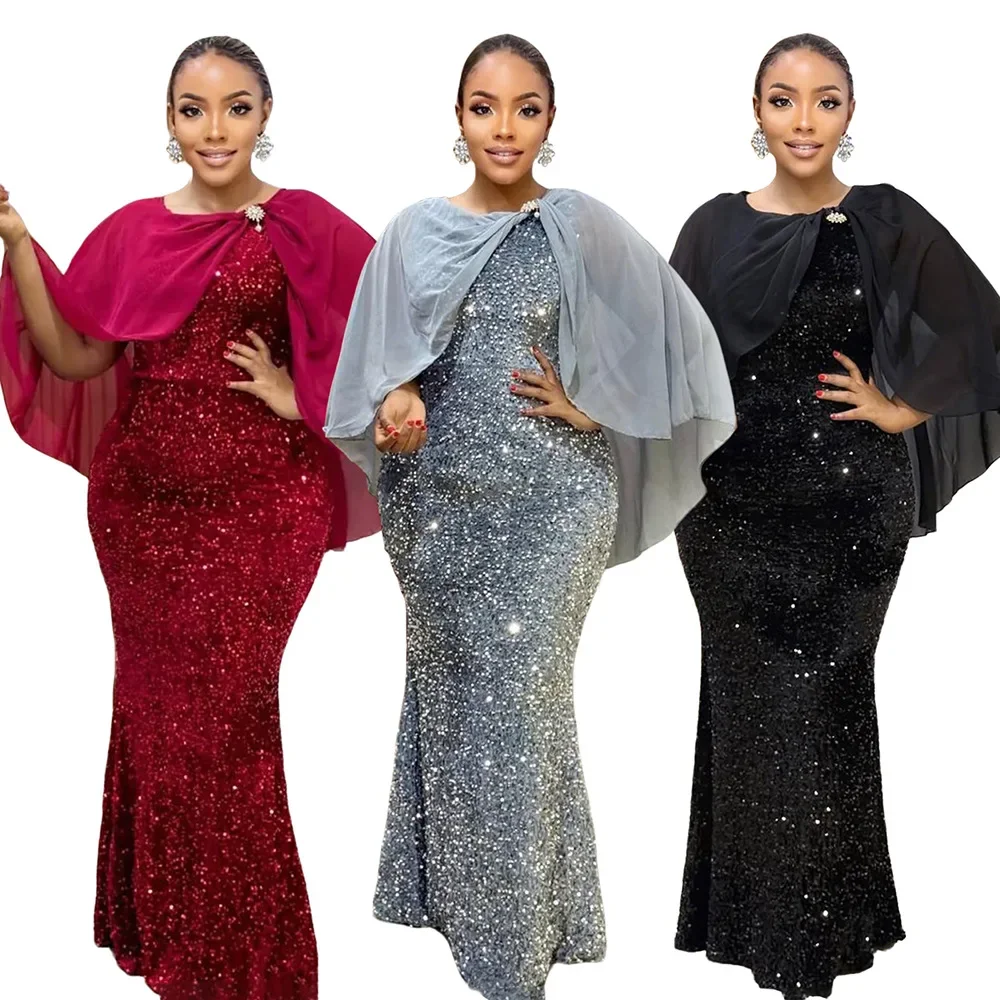 

Sequin Plus Size African Party Dresses for Women 2025 Fashion Dashiki Ankara Wedding Evening Gown Elegant Muslim Maxi Dress