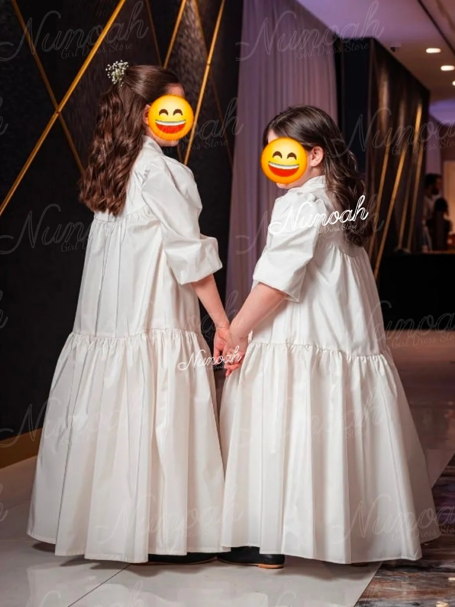 White Half Sleeves Flower Girl Dresses for Wedding Satin O-Neck Girl Prom Gown for Photoshoot First Communion Gowns Customized