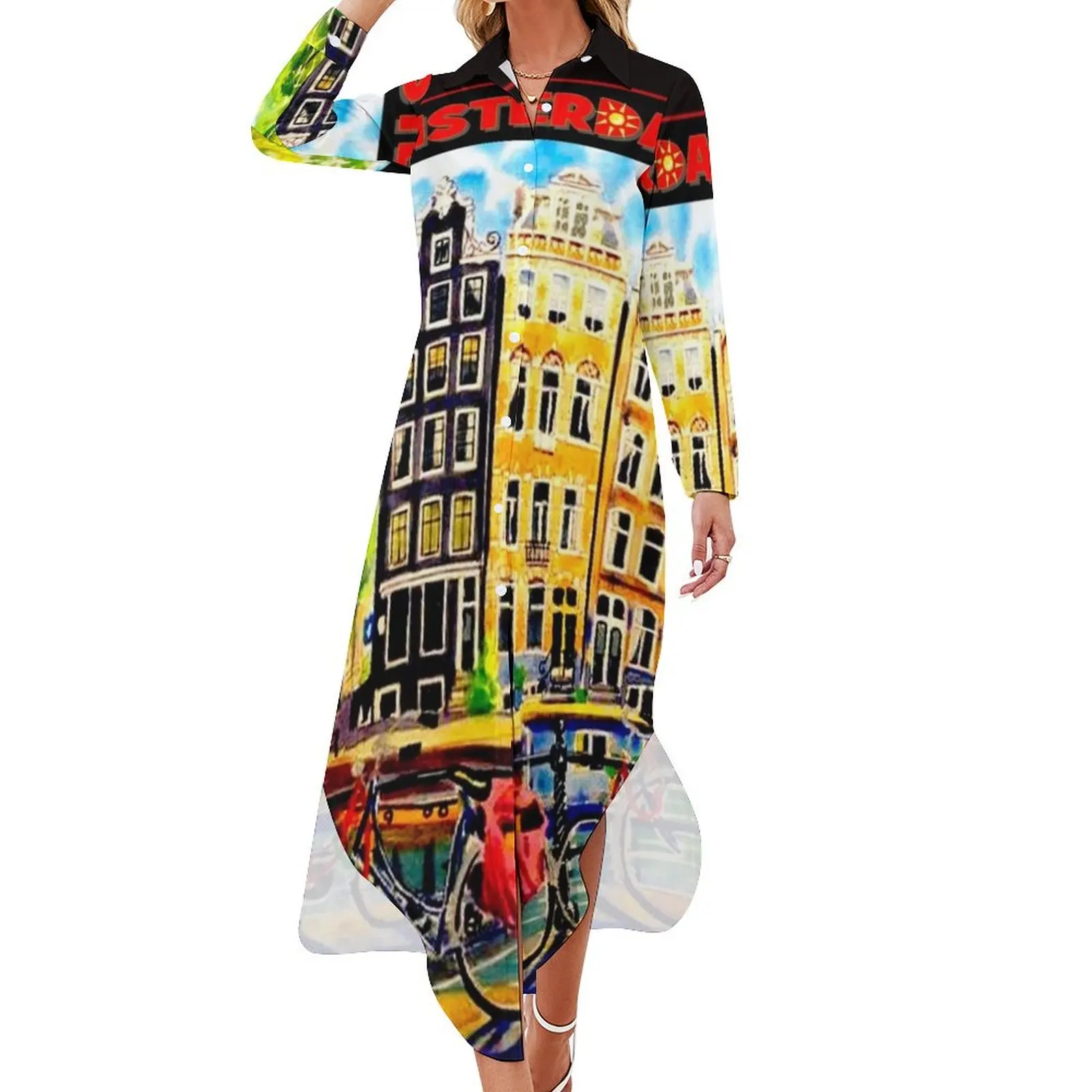 

AMSTERDAM : Vintage Bicycle Travel Print Long Sleeved Shirt Dress festival outfit women women party dresses