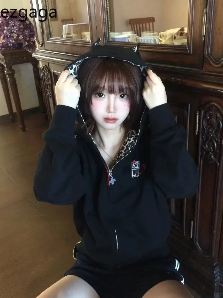 

Ezgaga толстовки женские с мультяшным леопардовым принтом осенне-зимние куртки винтажные Y2k эстетичная модная толстовка в стиле Харадзюку женская