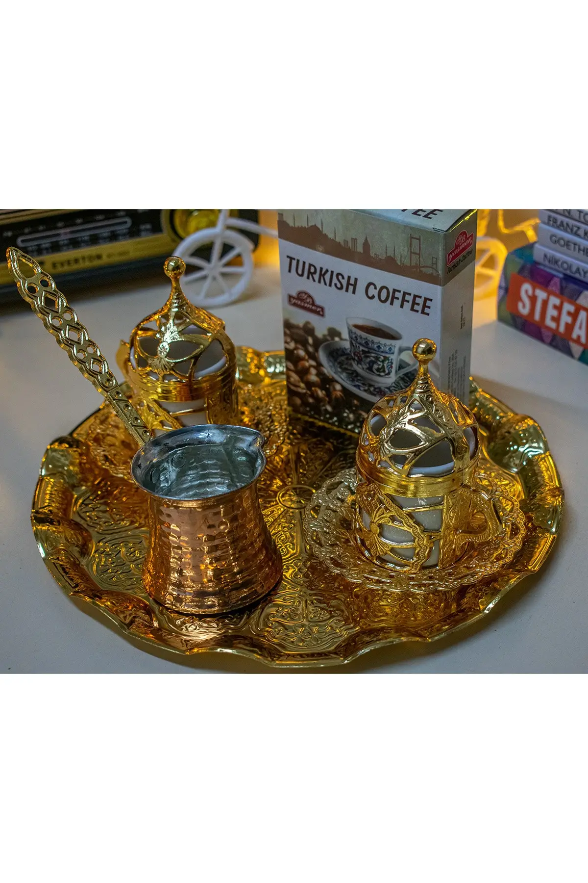 

Round tray and copper coffee pot coffee set Cooper Luxury Cups