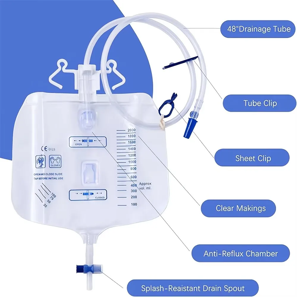 2000ml Disposable Urinary Drainage Bag Anti-Reflux Urine Collection Bag with 48 Inch Drain Tube Slide Valve Hook Sheet Clip for