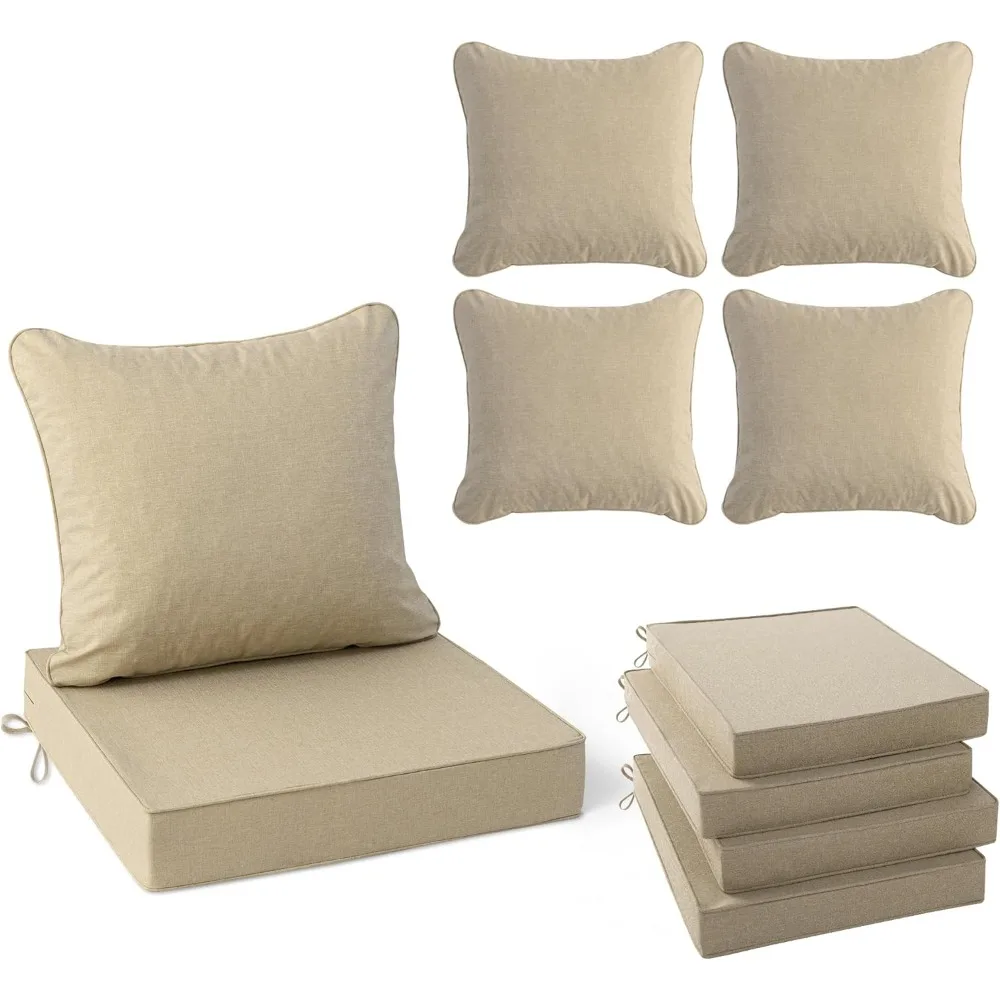 Set of 4 Linen-Style Patio Cushions, Water Resistant, Removable Covers, Non-Slip, 22 x 22 Inch, Natural