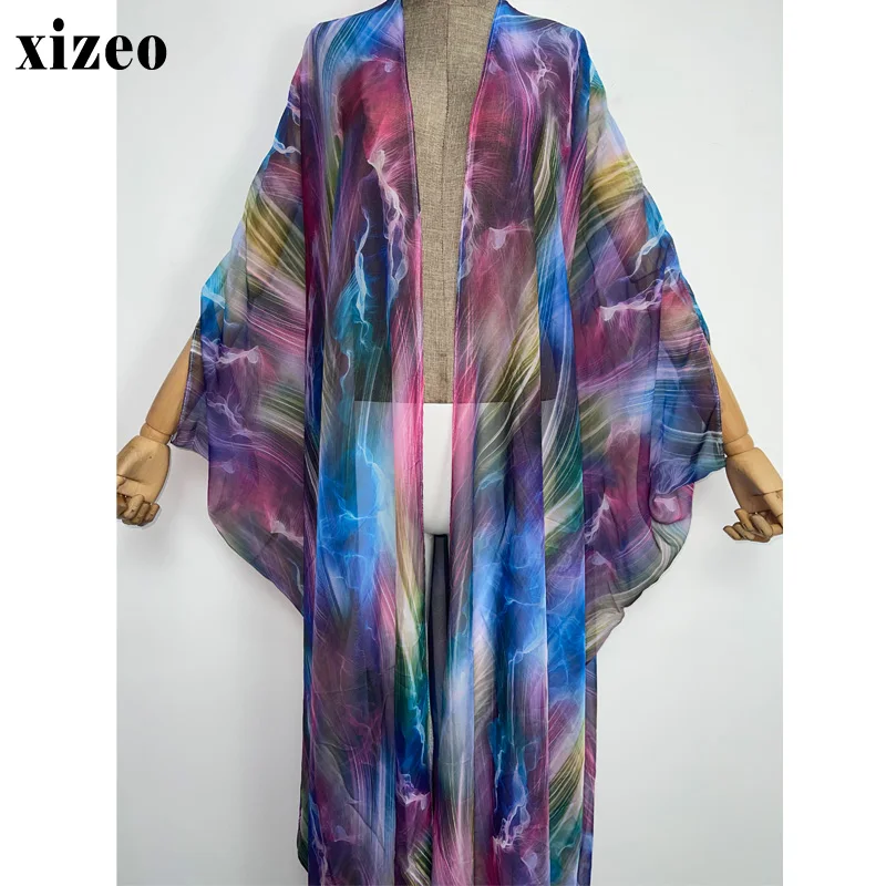 XIZEO2022 Summer Women Cardigan Aurora green printing Boho African Holiday free size long Sleeve Silk feeling Robe kimono kaftan