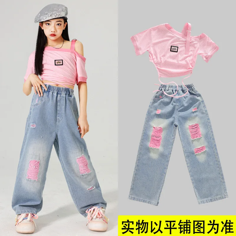 여자 k-pop 달콤한 자르기 탑 핑크 청바지 힙합 의류 세트 어린이 재즈 찢어진 데님 바지 어린이 streetwear 거리 댄스 의상