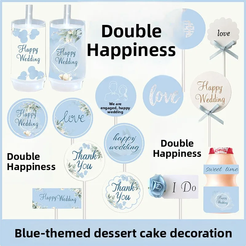 

Декор для свадебного десертного стола: деревянный топпер для торта «Любовь», синие туманные шары и конфетти