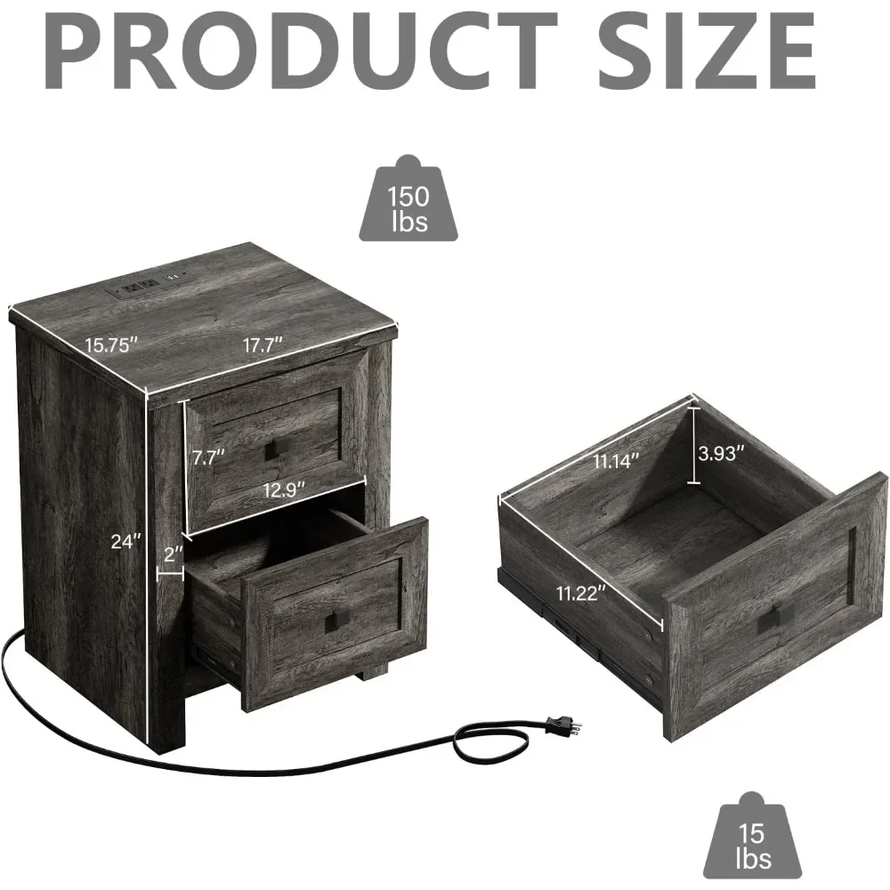 Nightstand Set of 2 with Charging Station & 2 Drawers Storage Cabinet Rustic Wood Sofa Side Table