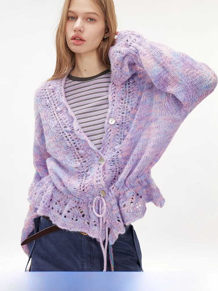 

DNT Retro Gradient Dyed Sweater with Drawstring Hollow out Knitted Women's Fashion Soft Polyester Blend Long Sleeve V-Neck Ca...