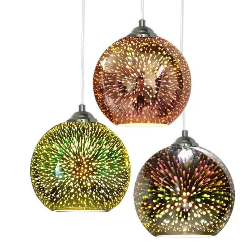 LED Modern Pendant Light 3D Fireworks Colorful Plated Glass Ball Decorated Bar Dining Kitchen Lamp Hanging Flash Light Fixture