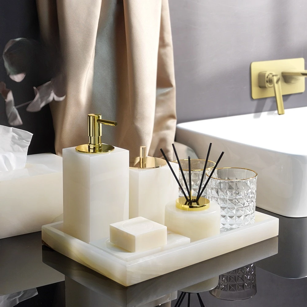 White jade marble bathroom kit, light luxury bathroom supplies set, washbasin accessories, tissue box, aromatherapy tray.