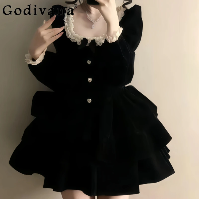 

Осень-зима, большой размер, женское французское черное кружевное платье с квадратным воротником, модное платье трапециевидной формы с высокой талией и длинными рукавами, платья принцессы для торта