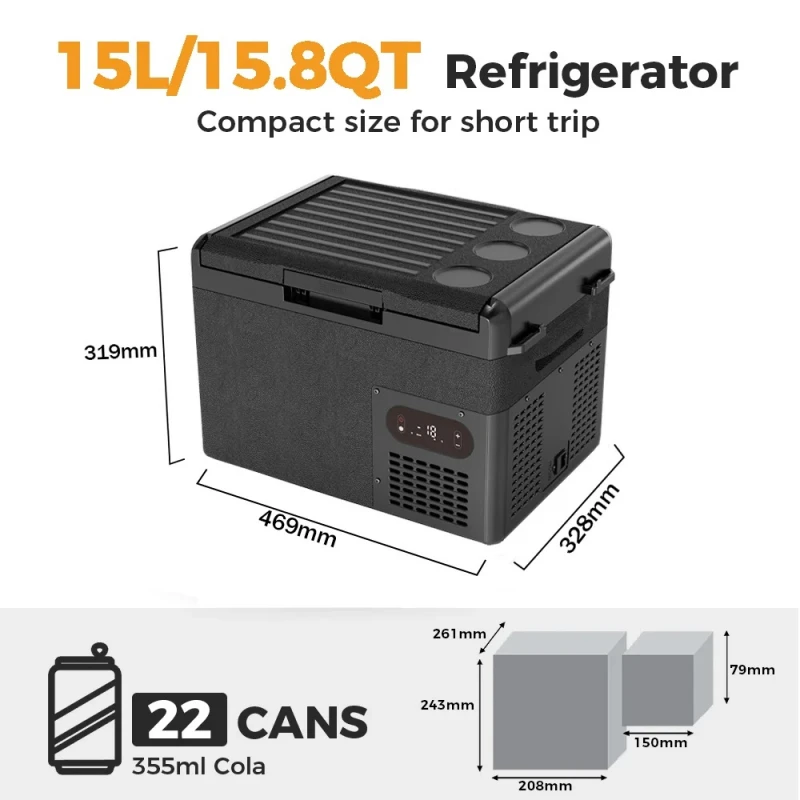 Sturdy 15L Compact Car Fridge Freezer Compressor Cooler 12V 24V Low Noise App Control for RV Camping Travel Parts
