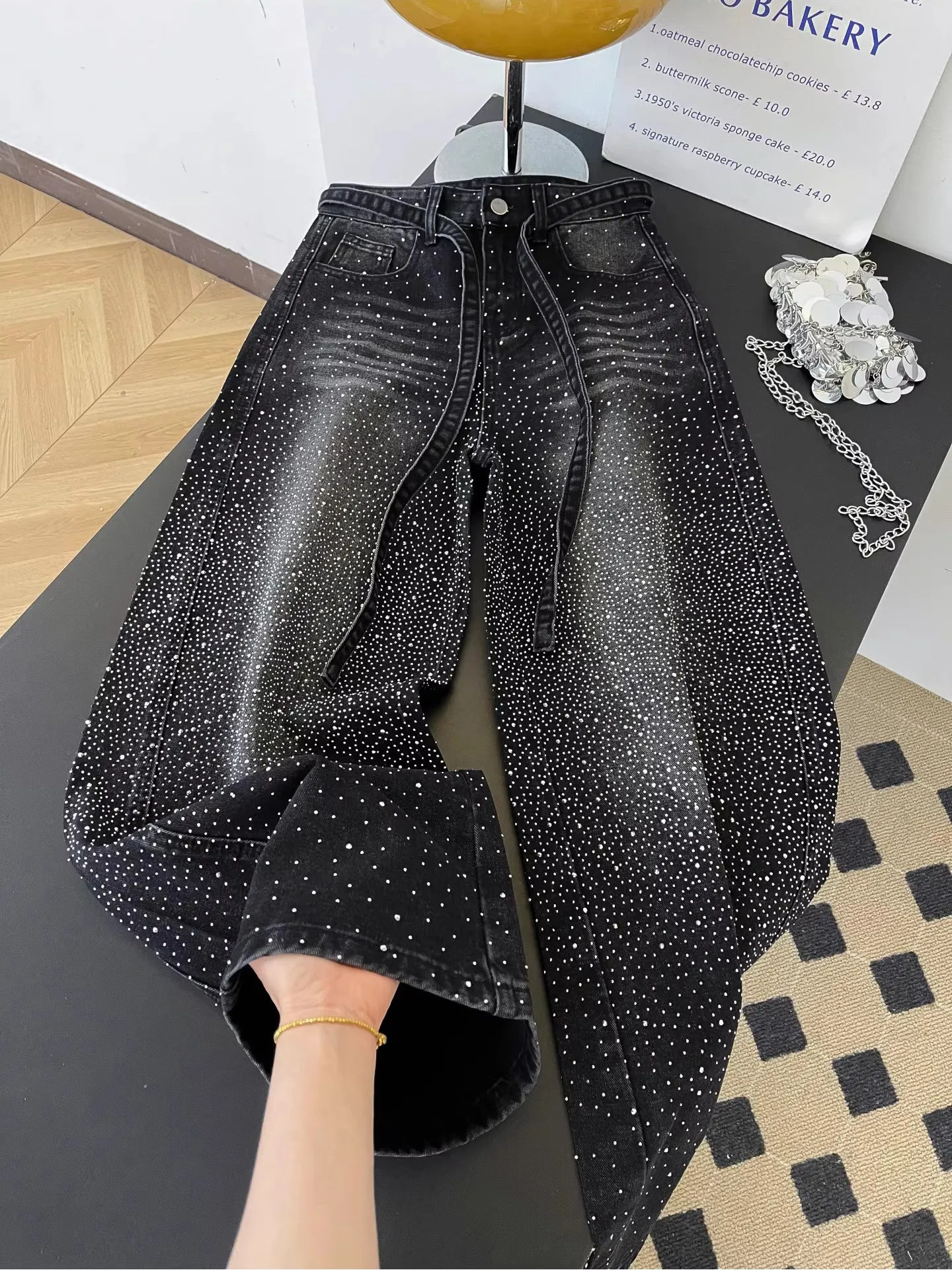 

Glittering Rhinestone Denim Pants Women's Jeans New Wide Leg Design Sensation Floor-Length Pants Loose Jeans