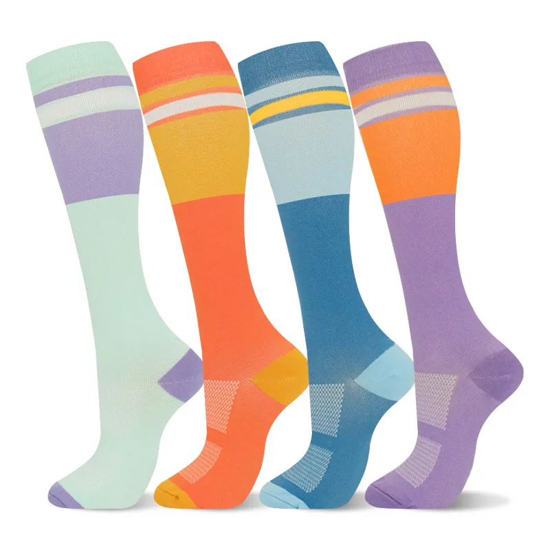 

4pairNew Design Women Pressure Socks Striped Color matching Sports Fitness Calf Riding Running Cross border Compression Stock